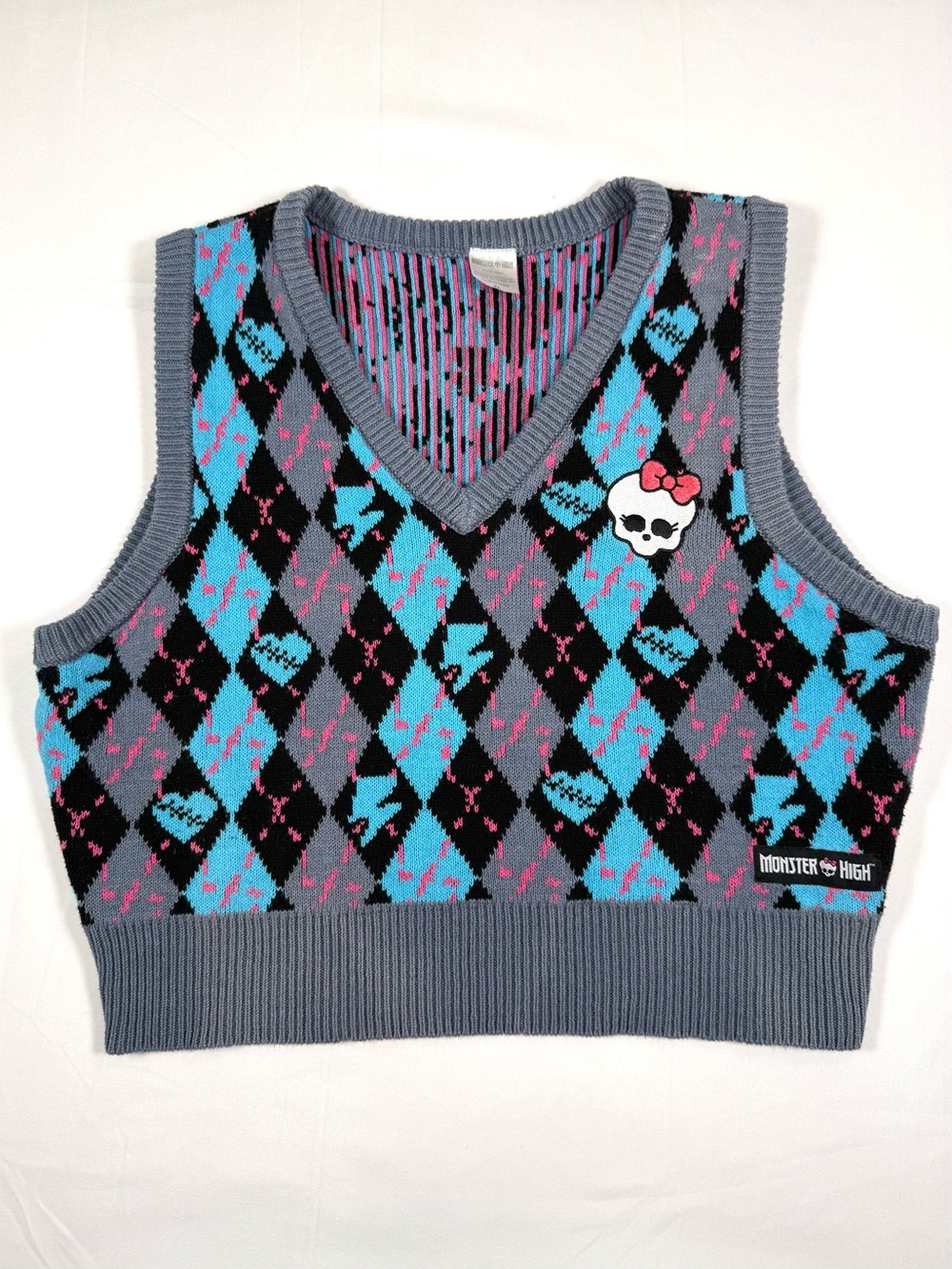 MONSTER HIGH Womens Argyle Sweater Vest XL Goth Emo Y2K Frankie Stein Cosplay
